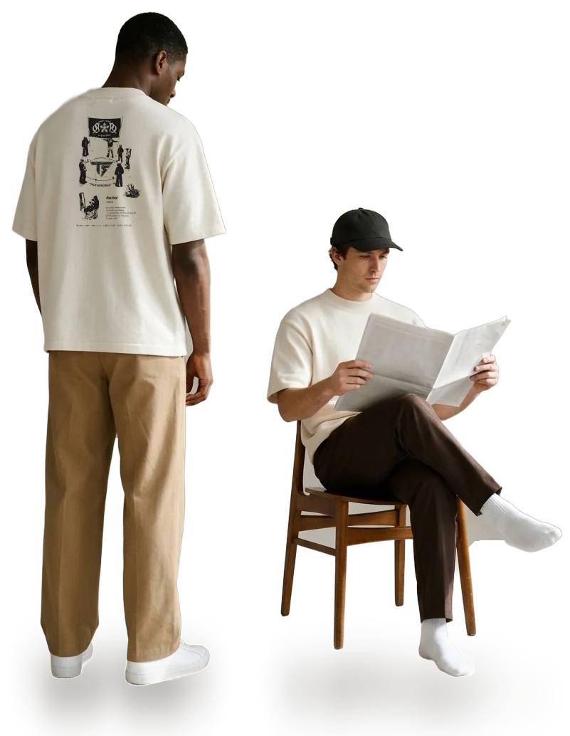 Duas pessoas com a t-shirt TRUE MEMORIES, uma de costas e outra sentada a ler